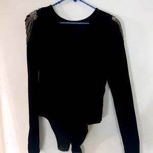 Never worn. Black Velour bodysuit with embellished shoulder
